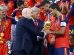 US President Donald Trump and FIFA President Gianni Infantino hands the World Cup trophy to Spain's Rodri ahead of the trophy lift in East Rutherford, New Jersey