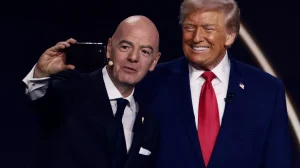 FIFA President Gianni Infantino and U.S. President Donald Trump pose for a selfie during the FIFA World Cup 2026 Draw.
