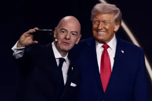 FIFA President Gianni Infantino and U.S. President Donald Trump pose for a selfie during the FIFA World Cup 2026 Draw.