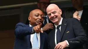 (Confederation of African Football (CAF) president Patrice Motsepe (left) and FIFA president Gianni Infantino during a World Cup round-of-16 match between Canada and Morocco at the Houston Stadium in Houston on July 4.