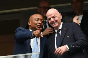 (Confederation of African Football (CAF) president Patrice Motsepe (left) and FIFA president Gianni Infantino during a World Cup round-of-16 match between Canada and Morocco at the Houston Stadium in Houston on July 4.