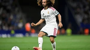 Real Madrid's Marc Cucurella in action against Espanyol in Cornella de Llobregat, Spain on August 22, 2026