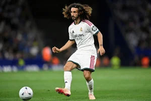 Real Madrid's Marc Cucurella in action against Espanyol in Cornella de Llobregat, Spain on August 22, 2026