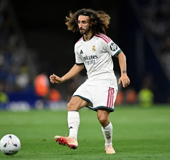 Real Madrid's Marc Cucurella in action against Espanyol in Cornella de Llobregat, Spain on August 22, 2026