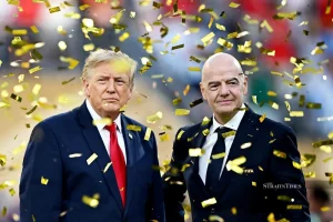 US President Donald Trump and FIFA President Gianni Infantino during the trophy presentation after the match