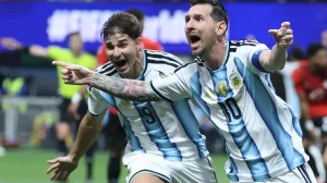 Argentina's Lionel Messi celebrates scoring his team's second goal during the World Cup round-of-16 match against Egypt at Atlanta Stadium in Atlanta on July 7. Messi said on Aug 31 he is retiring from international football after leading Argentina to a second successive World Cup final.