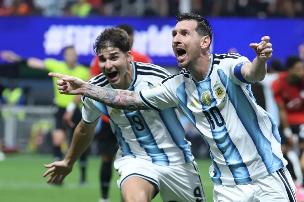 Argentina's Lionel Messi celebrates scoring his team's second goal during the World Cup round-of-16 match against Egypt at Atlanta Stadium in Atlanta on July 7. Messi said on Aug 31 he is retiring from international football after leading Argentina to a second successive World Cup final.