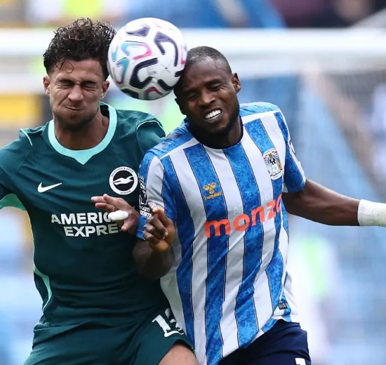 Brighton's Greek striker #19 Charalampos Kostoulas (L) and Coventry City's Nigerian midfielder #16 Frank Onyeka (R) jump up to head the ball during the English Premier League football match between Coventry City and Brighton and Hove Albion at the Coventry Building Society Arena in Coventry, central England on Sept 13