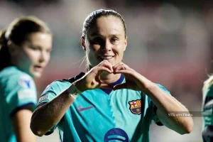 Barcelona's Ewa Pajor celebrates scoring their sixth goal against Roma in the UEFA Women's Champions Leagueat the Stadio Tre Fontane.