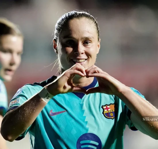 Barcelona's Ewa Pajor celebrates scoring their sixth goal against Roma in the UEFA Women's Champions Leagueat the Stadio Tre Fontane.