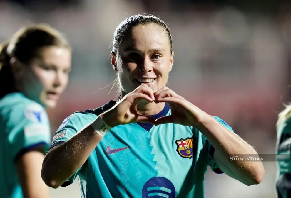 Barcelona's Ewa Pajor celebrates scoring their sixth goal against Roma in the UEFA Women's Champions Leagueat the Stadio Tre Fontane.